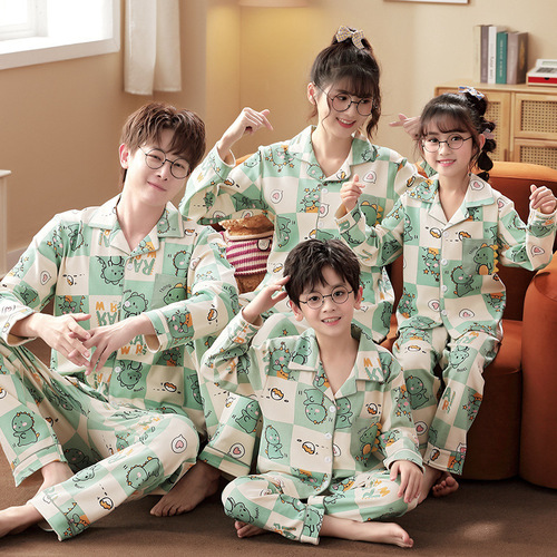 A set of pajamas for a family of three or four, suitable for spring and autumn, long-sleeved, pure cotton, for baby boys, children, father and son, home wear.