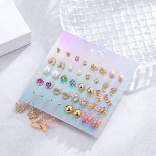 Children's earrings fashionable simple alloy Diamond-embedded combination earrings foreign trade colorful butterfly earrings Diamond-embedded earrings suit