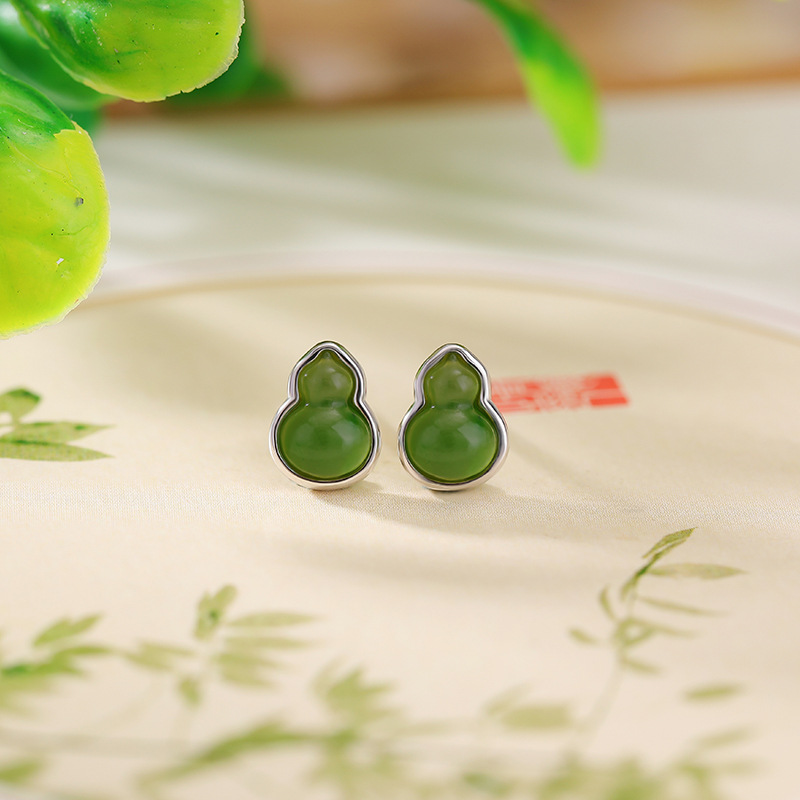 Bông tai bạc S925 mạ vàng đính ngọc bích jasper phong cách retro đơn giản — Kiểu màu bạc