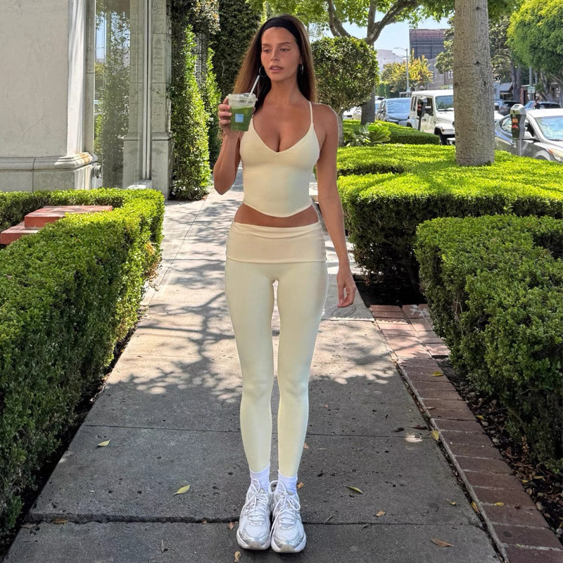 Amazon European and American Foreign Trade Cross-Border Yoga Set with Chest Pad V-Neck Fitness Vest Fold-Over Nude Sports Pants