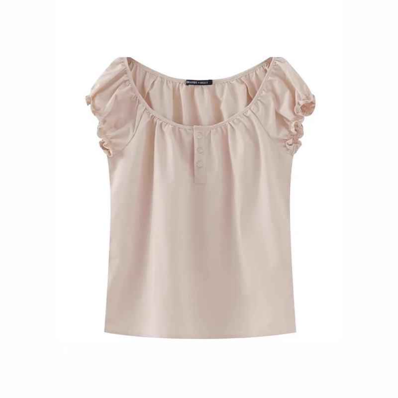 Three-Button New Age-Reducing Puff Shirt, Summer Sweet Top, Short-Sleeved Short T-Shirt, Cute and High-End