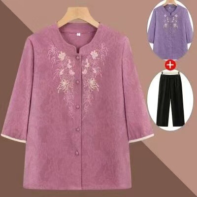 Middle-aged and Elderly Women's Summer Dress Seven-sleeve T-shirt Women's Cotton and Linen Embroidered Top Loose All-match Small Shirt for Middle-aged Mother