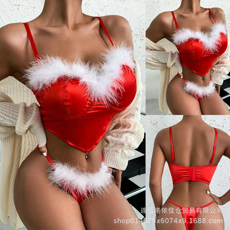 European and American Christmas Sexy Underwear Women's Mesh Perspective Sexy Bra Set Christmas Uniform Thong Panties