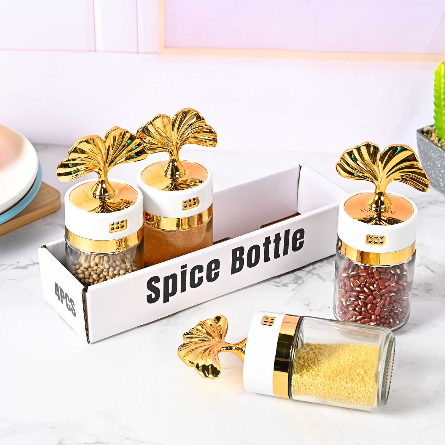 Nueva cocina sellada ginkgo hoja condimento botella hogar frasco de sal vidrio condimento botella condimento caja MSG condimento botella