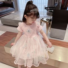 女童愛沙短袖公主裙2024新款兒童夏裝紗紗裙子童裝寶寶連衣裙六一
