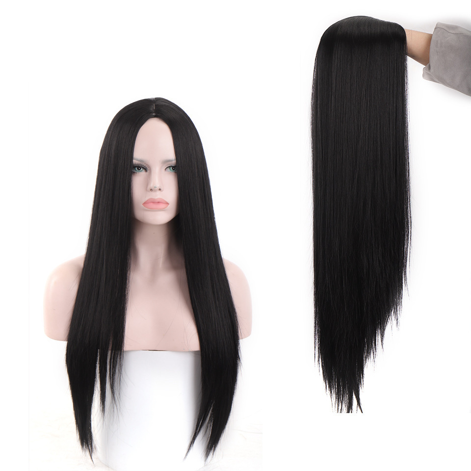 Perucas transfronterizas europeas y americanas damas frente encaje fibra química cubierta de cabello negro en el centro de los fabricantes de cabello recto en stock al por mayor