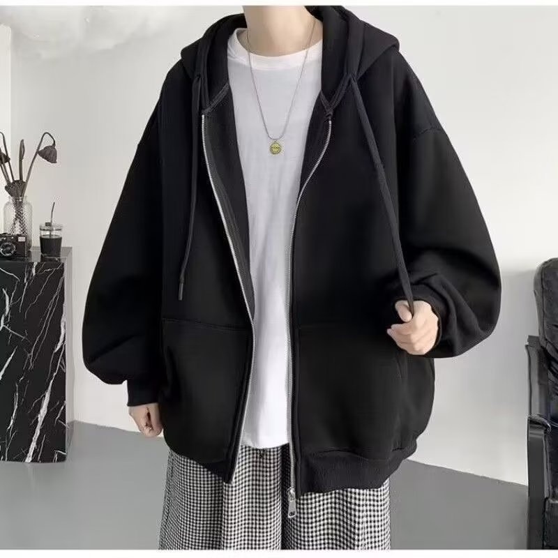 2023秋季男装加绒外套男连帽开衫拉链卫衣男学生青年百搭运动卫衣