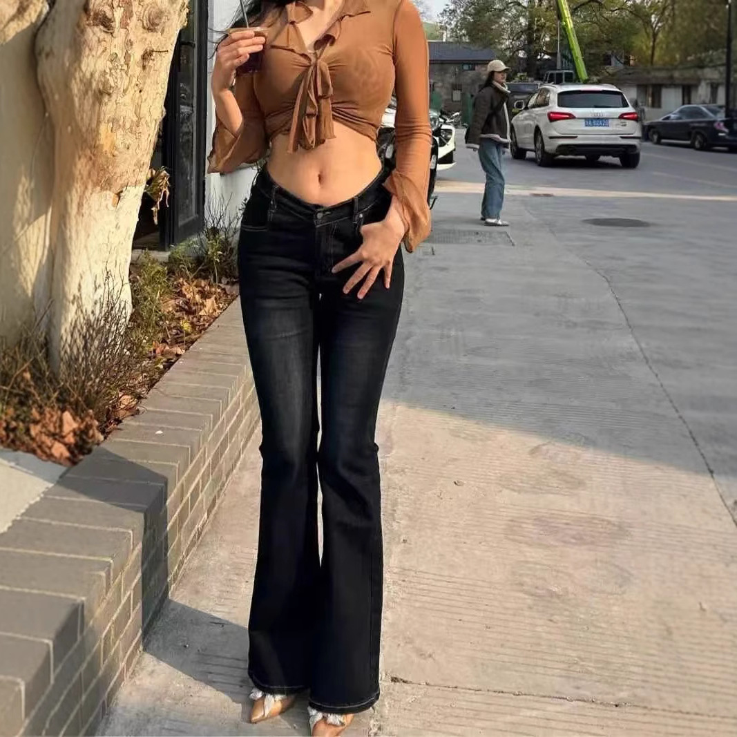 Fatal Waist Vintage Flared Jeans for Women, Washed Retro Hot Girl V-Waist Slimming Stretch Flare Pants Versatile