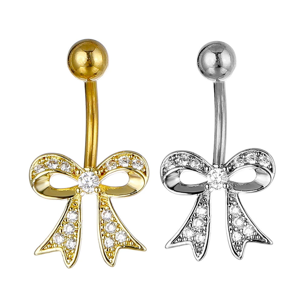 Bow Design Belly Button Ring With Zirconia In Stainless Steel_voghion.com