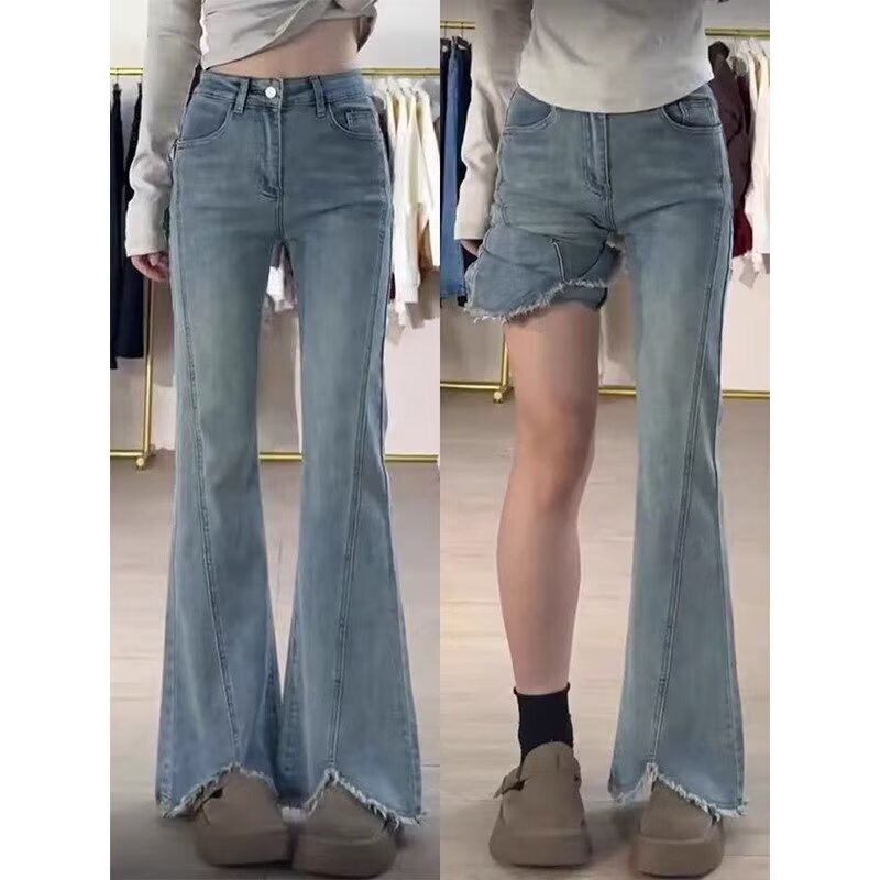 Korean Style Slit Raw Edge Bootcut Jeans for Women in Spring and Summer High-Waisted Loose Large Size Slimming Pear-Shaped Figure Flared Pants Korean Style Slit Raw Edge Bootcut Jeans for Women in Spring and Summer High-Waisted Loose Large Size Slimming Pear-Shaped Figure Flared Pants
