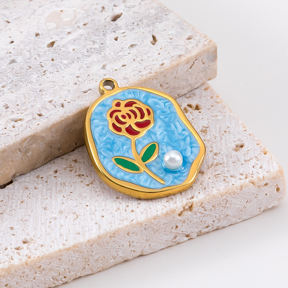 Morandi Garden Oil Painting Style Enamel Pendant | 16-20mm Stainless Steel Gold Plated Charms | DIY Bracelet Necklace Jewelry Making Accessories | Hypoallergenic, Pendant Only