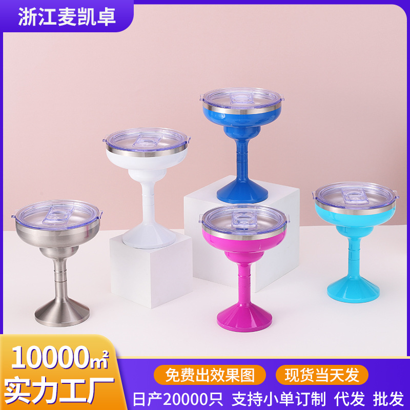 跨境新款不锈钢鸡尾酒杯双层马提尼真空红酒杯带盖防溢保冷高脚杯