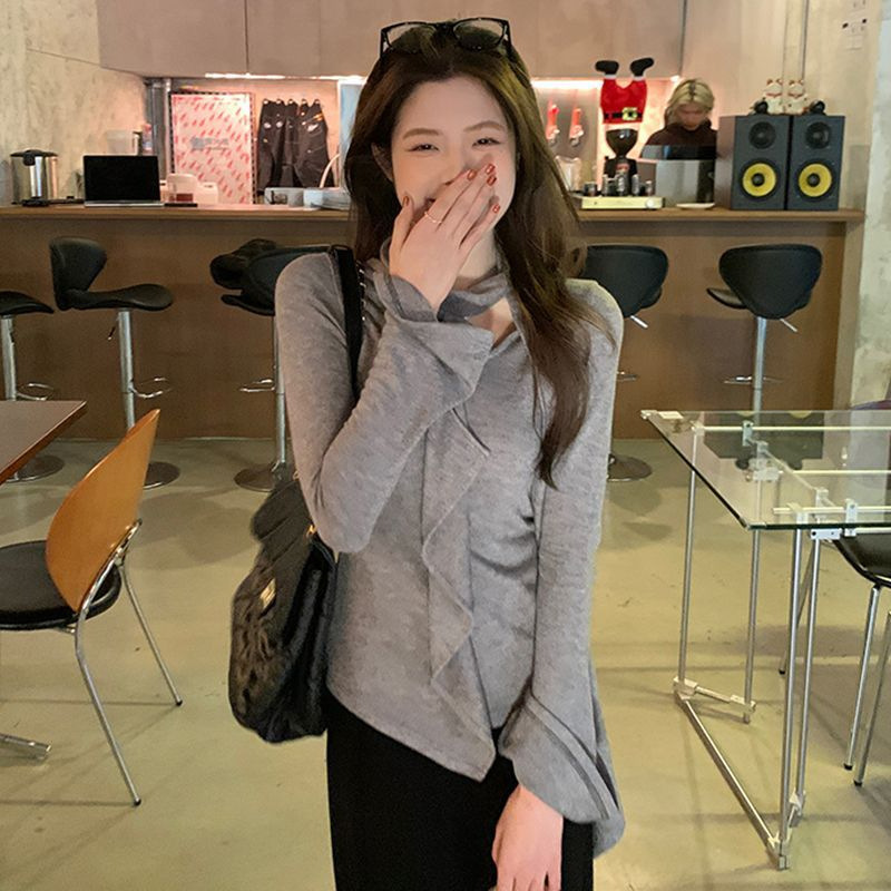 荷叶边飘带圆领长袖T恤衫女秋2025新款不规则设计感打底衫上衣潮|undefined