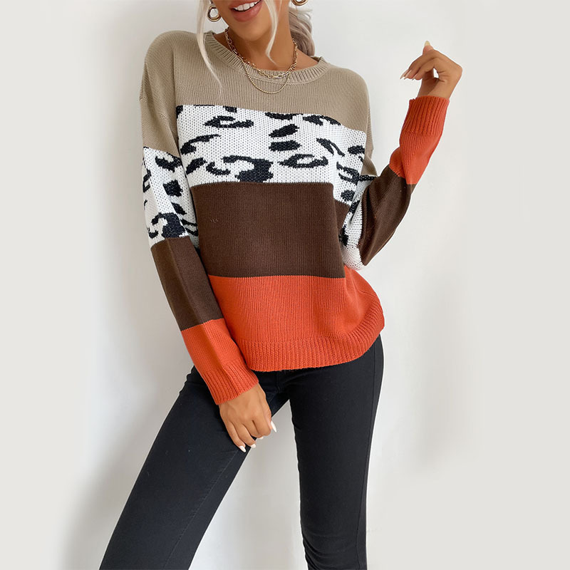 Leopard Print Color Matching Casual Tops Sweaters Pullovers_voghion.com