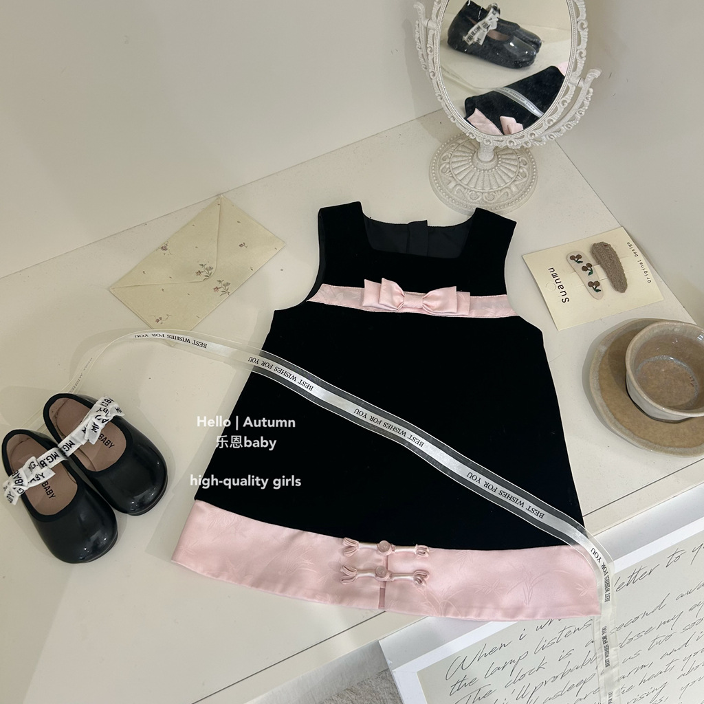 [Ropa para niños Le En] Chaleco de estilo nacional de invierno para niñas y falda de terciopelo Vestido de moda para bebés Vestido de princesa engrosado