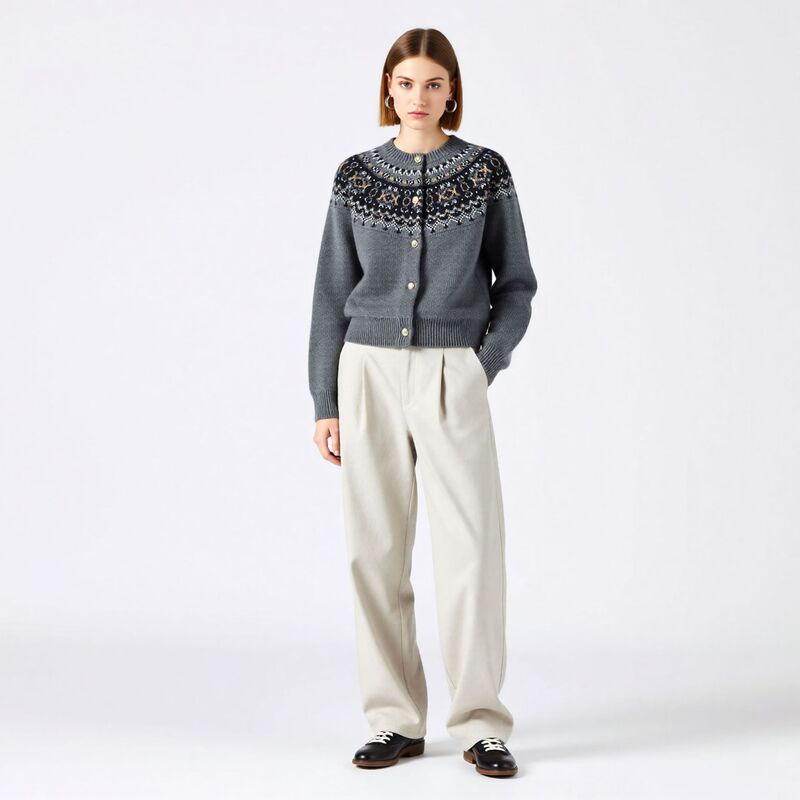 Chao Fine Merino Sheep Wool Soft Waxy Knitwear Autumn and Winter New Fair Isle Jacquard Raglan Sleeve Cardigan Knitwear