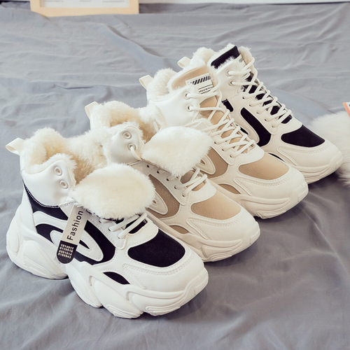 Velvet thickened warm high-top cotton shoes for women  winter new versatile white sports dad shoes winter style
