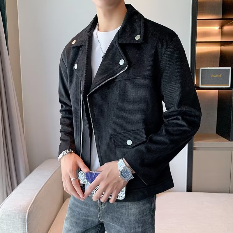 Nuevo estilo suelto, tendencia de personalidad, chaqueta corta de motocicleta, versión coreana para hombres, chaqueta blanca con cremallera de solapa de manga larga para hombres