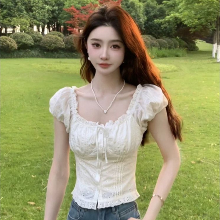2026 Summer New Sweet Style Lace-Up Ruffled Puff Sleeve Shirt for Women, Slim-Fit and Flattering Top with a Unique Design 2026 Summer New Sweet Style Lace-Up Ruffled Puff Sleeve Shirt for Women, Slim-Fit and Flattering Top with a Unique Design