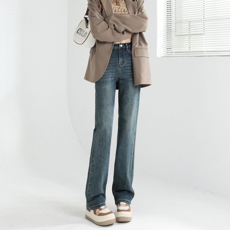 Narrow Straight-Leg Pants for Women, Autumn and Winter 2024 New High-Waisted Cigarette Pants for Petite Figures, Vintage Wide-Leg Jeans That Make Legs Look Longer