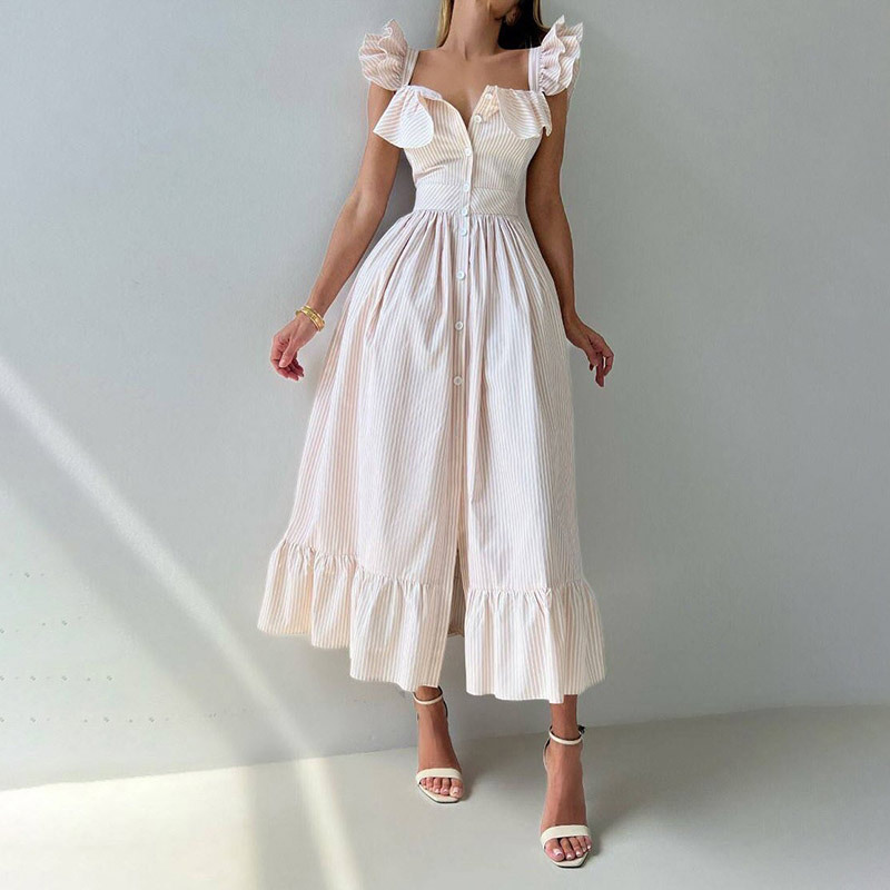 Feifei Sleeve Stripesd Ruffle Long Skirt European and American Cross-Border 2025 Summer New Casual Style Waist Dress