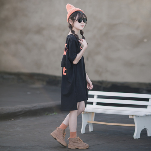 Girls T-shirt dress summer 2024 new style Korean style trendy casual loose short-sleeved front short back long dress