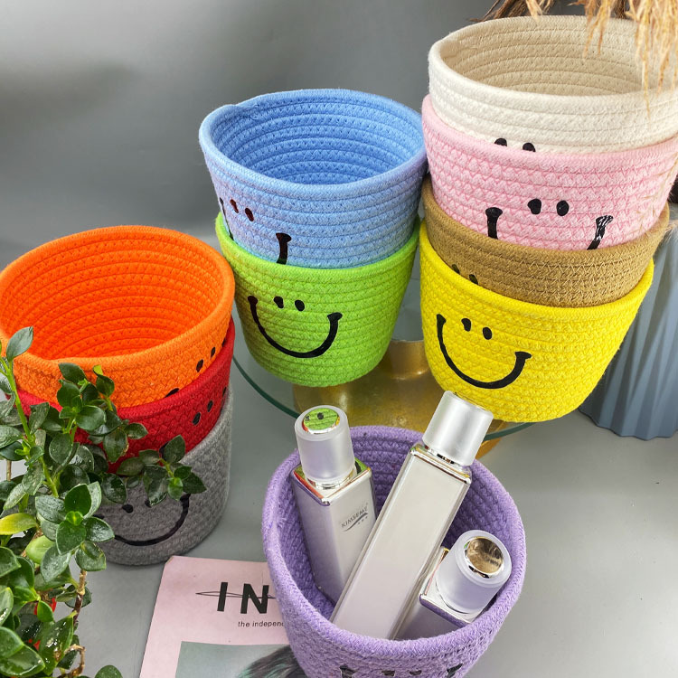 Cara sonriente tejida cesta de almacenamiento simple caja de almacenamiento de artículos diversos de escritorio caja de almacenamiento de control remoto cesta de almacenamiento de cosméticos cesta de organización