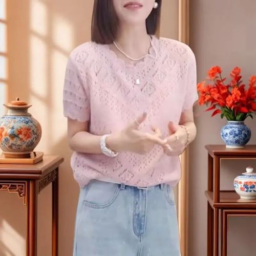 Korean-style fashionable hook and eye lace short-sleeve women's spring summer versatile design sense little black dress knit sweater