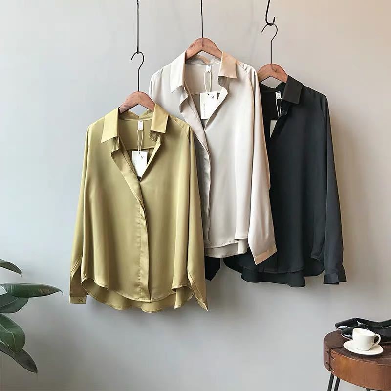 2026 Silk Satin Shirt for Women with a Stylish Design, New Spring Collection, Loose Long-Sleeve Shirt with V-Neck Chiffon Top
