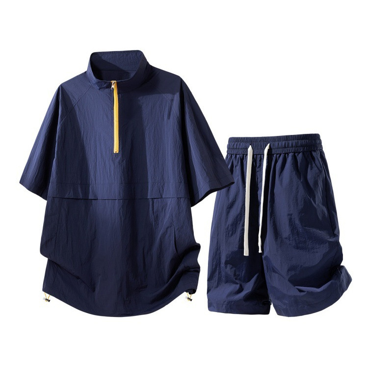 Nasa Casual Suit Men's New Summer Style Ice Silk Half-Zip Quick-Drying Shorts Set of Two-Piece Sun Protection Set for Men