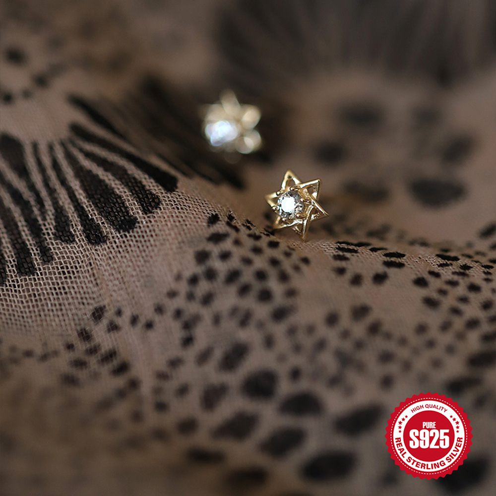 Pendientes de oro plateado de 14K S925 de venta caliente en Europa y América Mini estrella de diamante pequeño misterioso Pendientes de hueso de oreja de nicho japonés y coreano