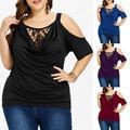 2020 Amazon Plus Size Women's Lace Cold Shoulder Top Solid Color Casual Round Neck Off-shoulder Women's Short Sleeve Top