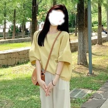 黄色冰丝短袖t恤女夏季夏宽松显瘦正肩半袖泡泡袖体恤多巴胺上衣