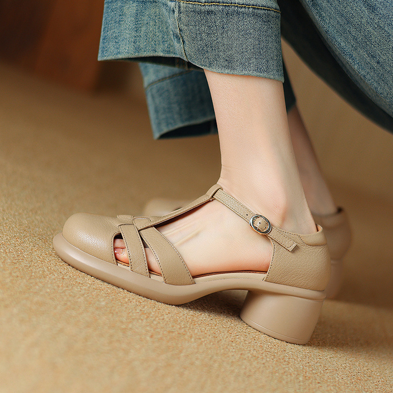 Sandal Mary Jane nữ đế dày gót vuông mũi tròn dệt kiểu La Mã — Màu trắng nhạt chi tiết 21