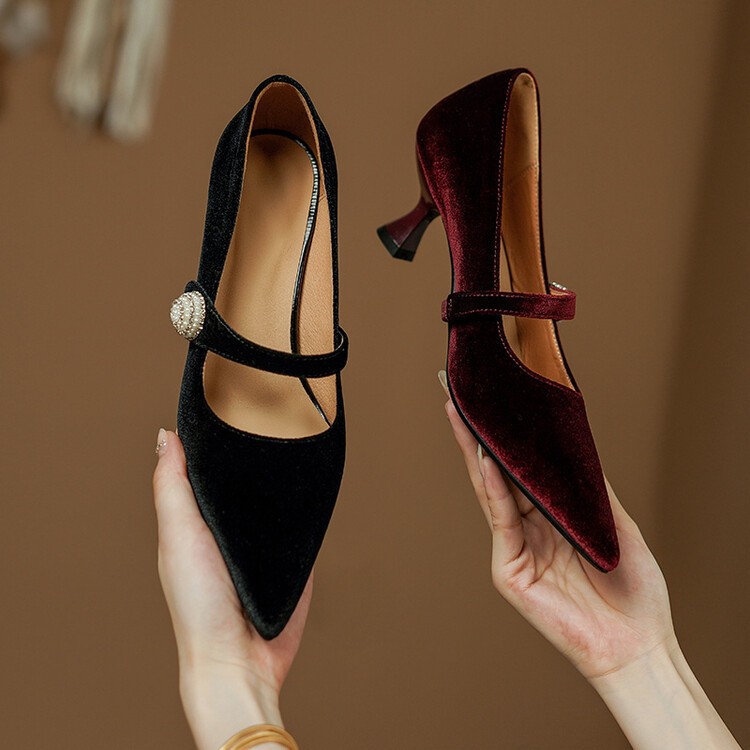 2025 Winter High Heels Sexy Pointed Toe Single Shoes With Pearl Detail, Suede, New Thin Heel, Versatile For Women's_vogvips.com