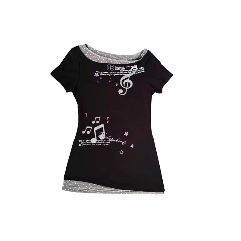 [260g Rayon Modal] Summer Slim-Fit Faux Two-Piece Casual Off-Shoulder Printed Top Ins