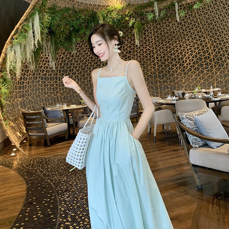 도파민 Backless Sling 원피스 여성의 여름 타이트 허리 슬리밍 요정 해변 원피스 해변 휴일 긴 원피스