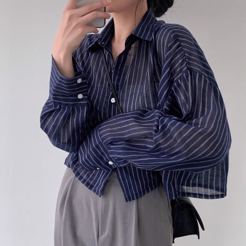 South Korea Chic Lazy Style Loose All-match Lightweight Sunscreen Shirt Women's Long-sleeved Short Vintage Striped Shirt Jacket