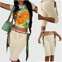欧美跨境新款时尚女装五分裤抽绳收腰绑带透视休闲女裤