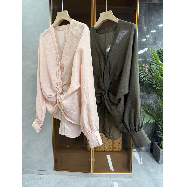Gentle Story! Summer Loose-Fitting Irregular Twist-Pattern Ramie V-Neck Shirt Top for Women 20251223~Me Gentle Story! Summer Loose-Fitting Irregular Twist-Pattern Ramie V-Neck Shirt Top for Women 20251223~Me