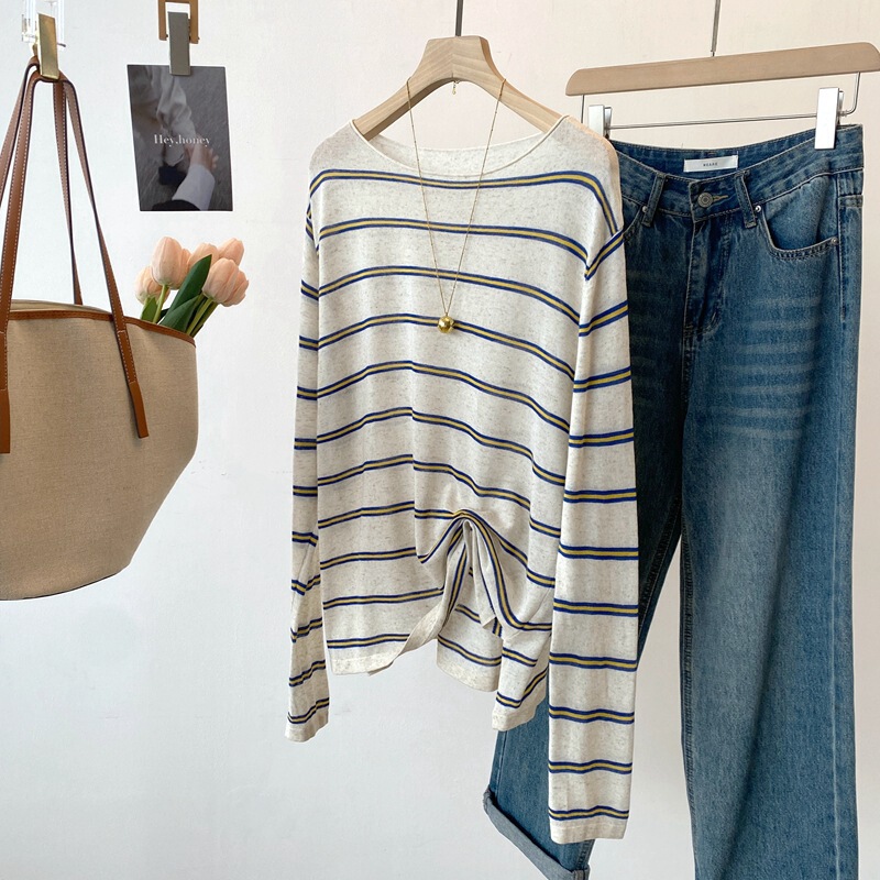 25 Early Autumn New Linen Thin Long-Sleeved Rolled Edge Contrasting Stripesd Knitwear Women's One-Line Collar Top 2510