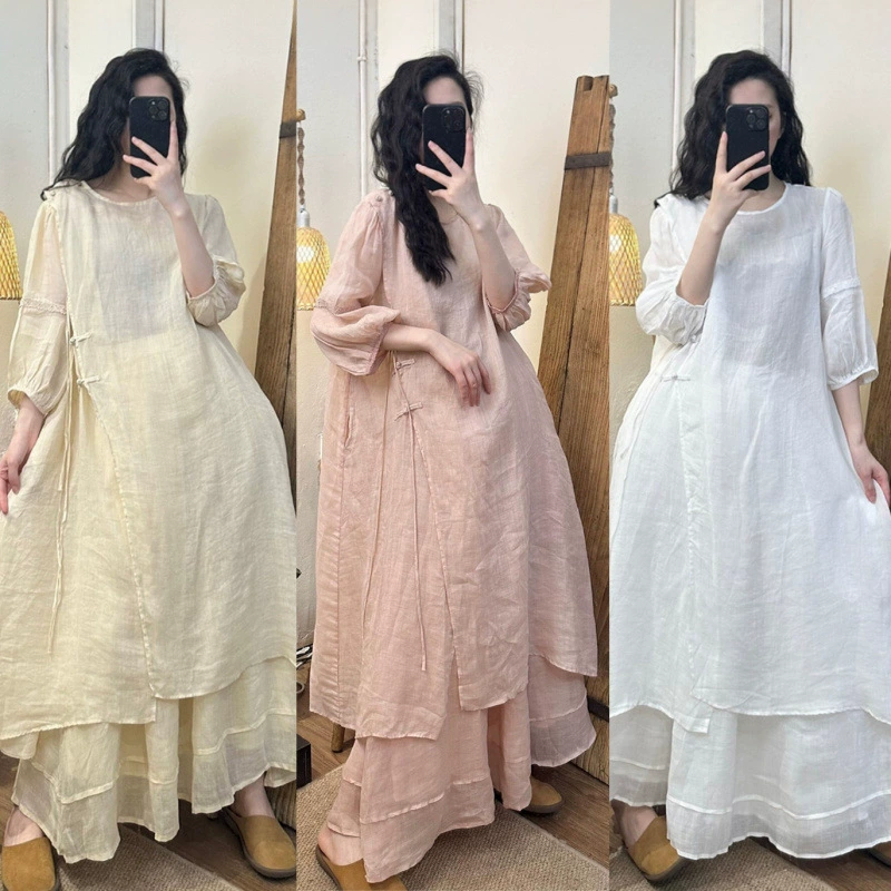 2025 лето новый ретро нишевые чистые рами ручной работы с застежкой светлое платье в стиле