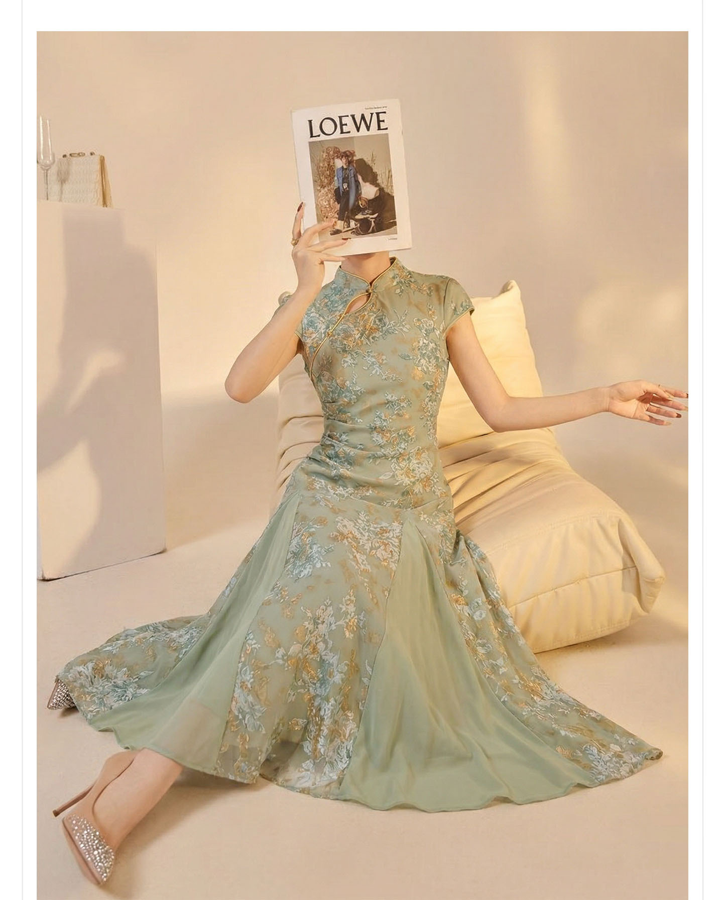 Váy sườn xám cổ đứng họa tiết jacquard chạm rỗng phong cách Tân Trung Hoa mùa hè — Xanh lá cây nhạtcolor chi tiết 3