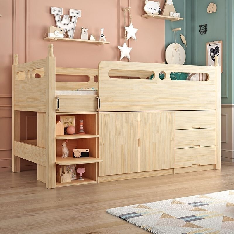Solid Wood Children's Bed, Boy's Half-Height Bed, Girl's Wardrobe, Desk, All-In-One Multi-Functional Combination for Small Apartments