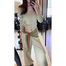 气质一整套ootd穿搭韩版U领长袖针织上衣高腰休闲垂感阔腿裤套装