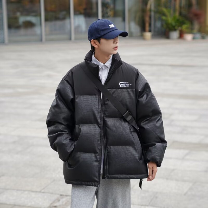 2024 Bread Jacket Loose Crocodile Leather Jacket Harajuku Style Loose Contrast Color Jacket Trendy One Piece Dropshipping