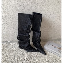 严选复古黑色尖头褶皱辣妹高跟长靴女坡跟不过膝直筒靴高筒裤管靴