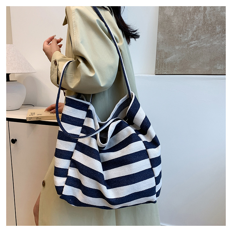 Laid-back striped canvas bag, Korean ins artistic color-blocking tote bag, large-capacity single-shoulder bag, shopping bag, large bag undefined