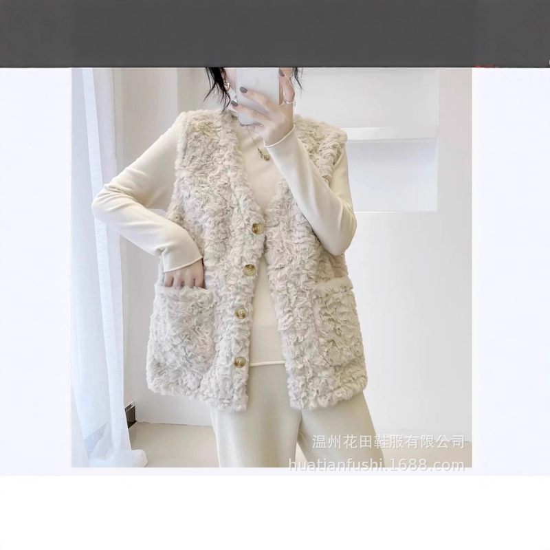 Leather Vest for Women, Autumn and Winter Rabbit Fur Vest, Warm and Versatile, Loose Fit, Sleeveless, Mid-Length, Elegant Style