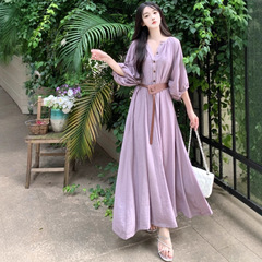大码法式高级感长袖紫色连衣裙女夏季胖mm绝美多巴胺穿搭掐腰裙子